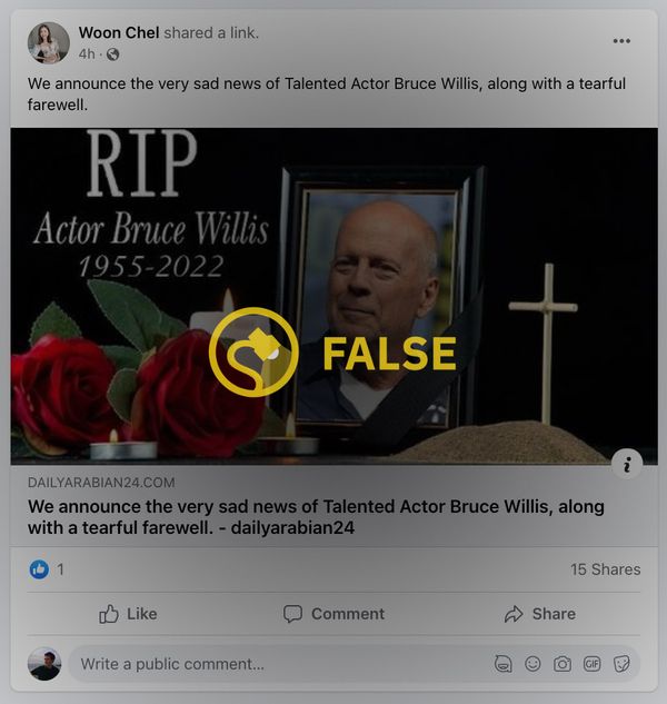 Facebook posts said there was very sad news and that Bruce Willis was dead, but it was a death hoax.